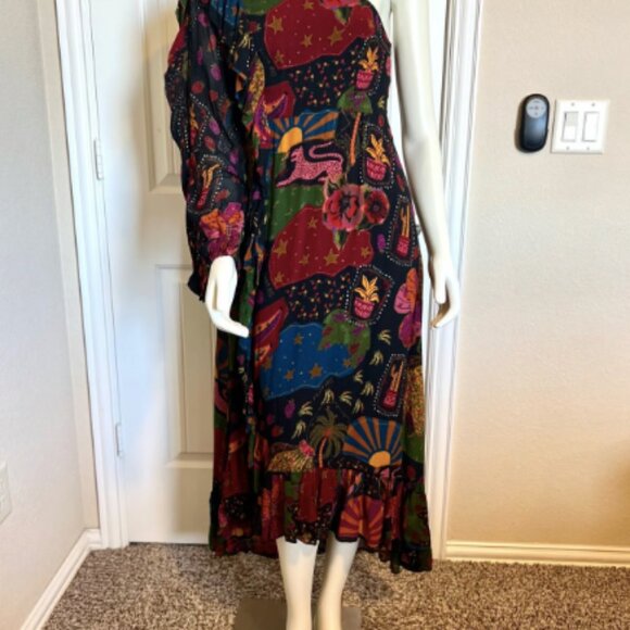 NWT Beautiful Fun Farm Rio Crazy Mix One Shoulder Midi Dress size L Ruffles - Picture 7 of 13